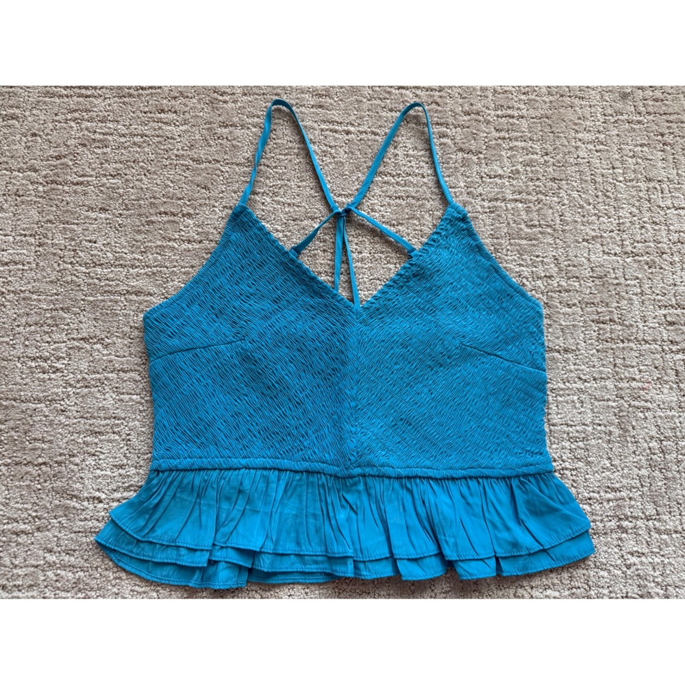 DO+BE Smocked Peplum Tank Top Womens Large Blue Strappy Ruffle NWOT Vacation